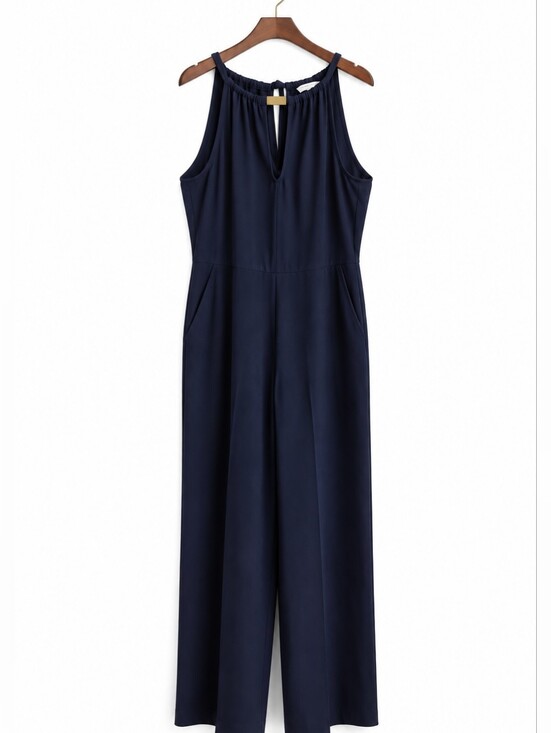 Trina Turk Pants - Trina Turk Navy Blue Wide Leg Halter Jumpsuit Size 14 Tie Neck
